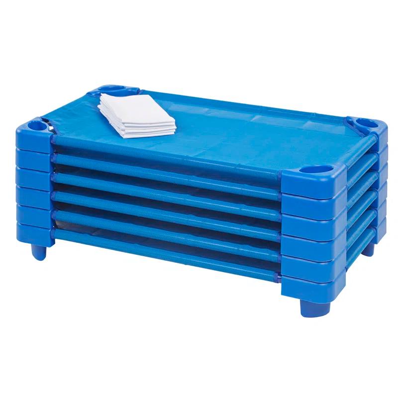 ECR4Kids ECR4Kids Stackable Kiddie Cot with Sheet, Classroom Furniture, Blue (Set of 6)