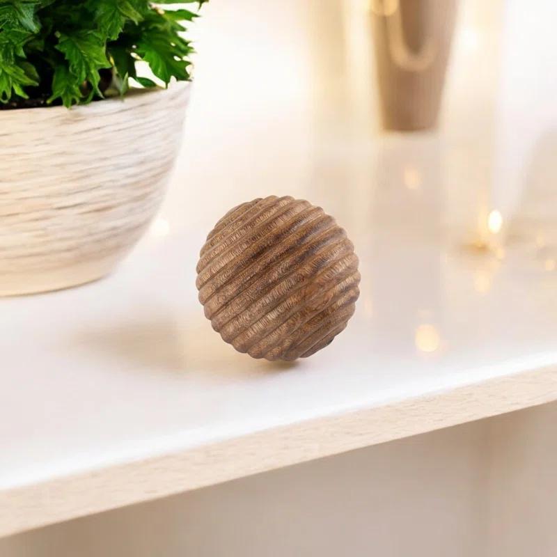 Sagebrook Home Nena Natural Round Brown Ridged Wooden Orb Decor Contemporary Rustic
