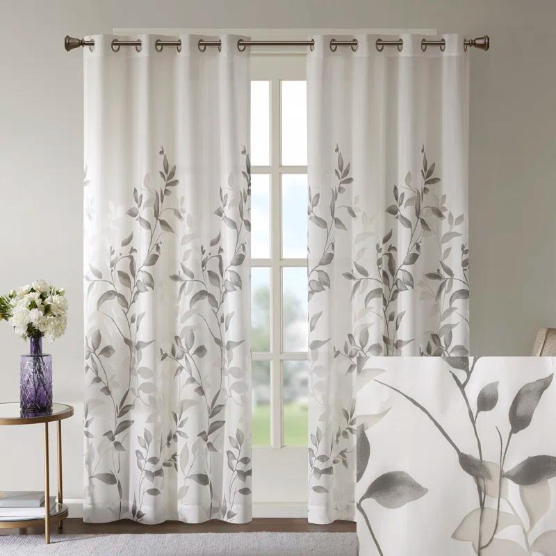 Madison Park Cecily Floral Printed Burnout Sheer Grommet Single Curtain Panel
