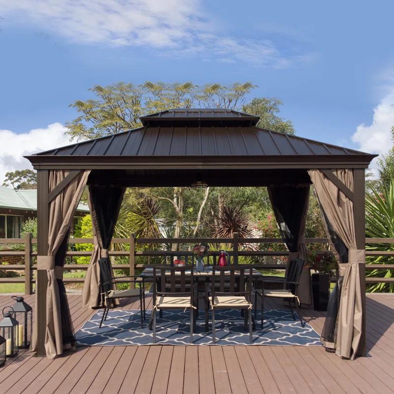 Arlmont & Co. Istref 10x12 Dark Brown Double Roof Hardtop Gazebo with Curtain and Mosquito Netting