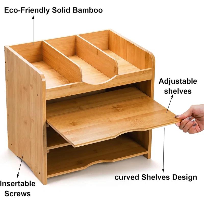 Hokku Designs Bamboo Desk File Organizer,Document Letter Tray Sorter With 2 Adjustable Shelves, 4 Tier Mail Organizer Countertop