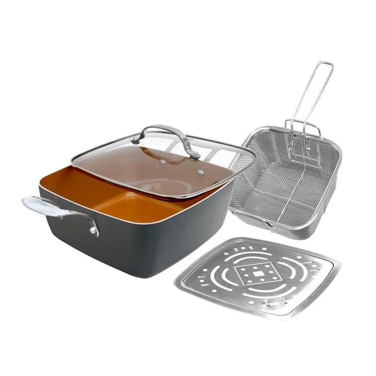 Gotham Steel Gotham Steel 9.5" Deep Squre Nonstick Pan with Steamer Tray, Fry Basket and Glass Lid