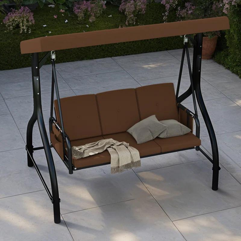 Arlmont & Co. 3-Person Porch Swing with Cup Holders with Removable Cushions and Convertible Canopy