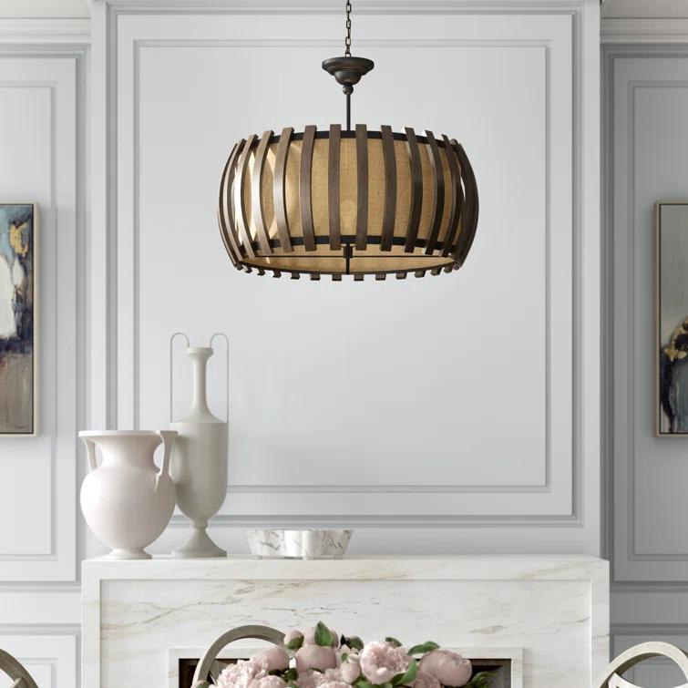 Old Iron & Polished Fruitwood Drum Pendant with Putty Burlap Shade