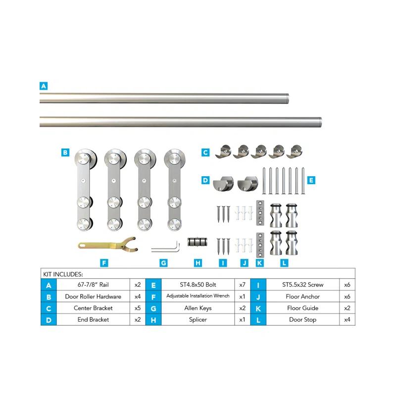 Rolling Barn Door Hardware Kit for Double Wood Doors with Routed Floor Guide