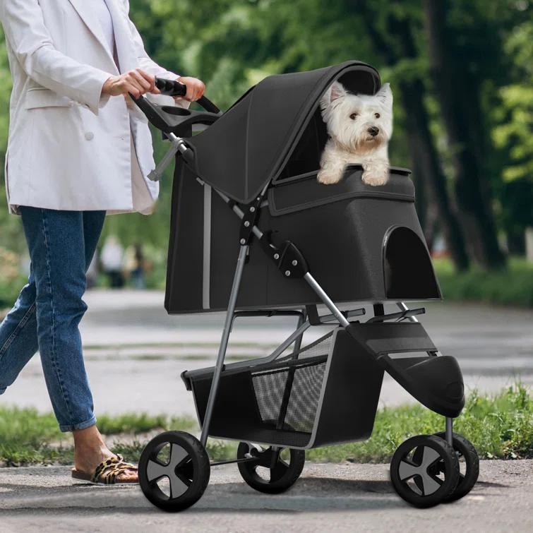 ATCHISON Foldable Pet Stroller, 3 Wheels Folding Carrier Jogger Stroller for Dogs Cats with Canopy and Basket