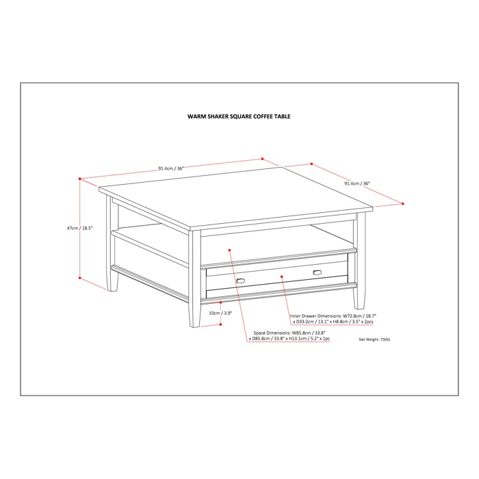 Simpli Home Warm Shaker 36"W Solid Wood Square Coffee Table with Two Drawers and Open Shelf