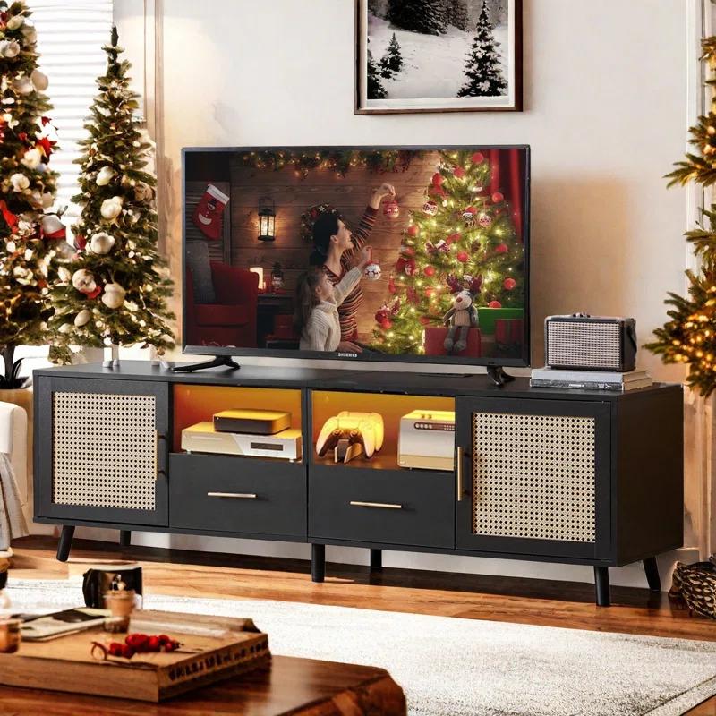 Bay Isle Home™ Heyer Large Wood Rattan TV Stand for TVs up to 75" with LED Light and Charging Station, Coastal Media Console Table, Multimedia Storage Furniture with 2 Drawers, Lighting TV Cabinet