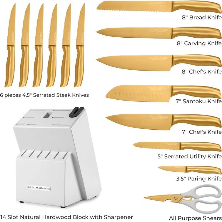 Zulay Kitchen Zulay Kitchen Premium 15-Piece Knife Set with Natural Wood Block and Built-in Sharpener