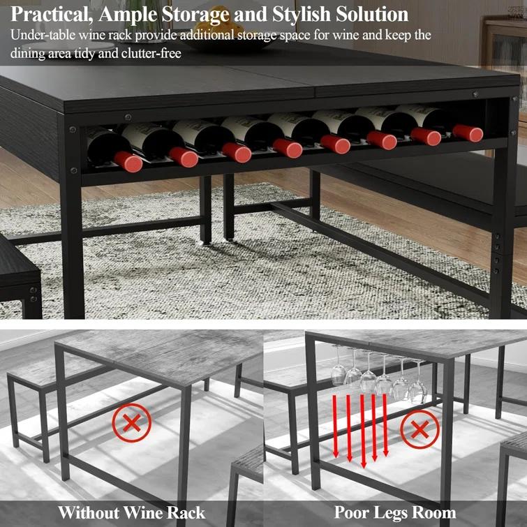 17 Stories Zubie 63"Dining Table Set for 4-6, 3-Piece Kitchen Table with 2 Utensil Drawers,2 Benches&Wine Rack