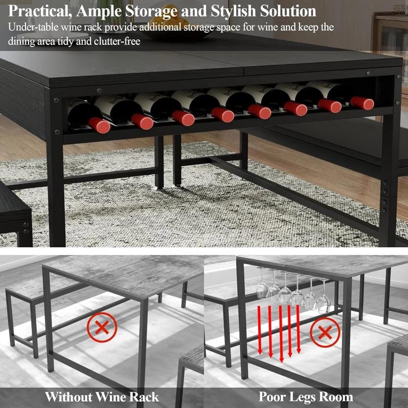 17 Stories Zubie 63"Dining Table Set for 4-6, 3-Piece Kitchen Table with 2 Utensil Drawers,2 Benches&Wine Rack