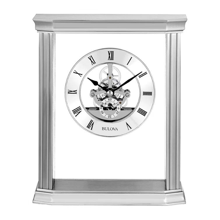 Bulova Roman Numeral Stainless Steel Quartz Movement / Crystal Tabletop Clock with Alarm in Silver