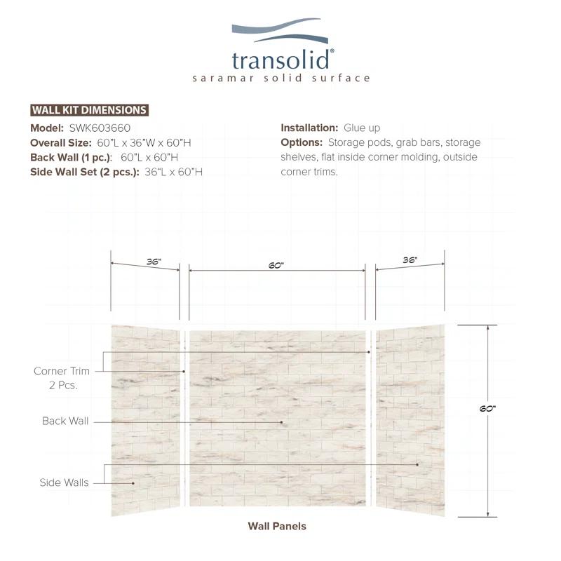 Transolid SaraMar 60'' W 36'' D 60'' H Glue Up Solid Surface Wall