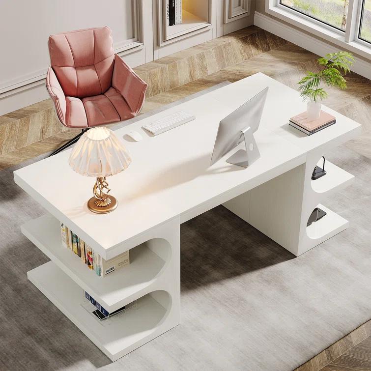 Ivy Bronx 62" White Computer Desk For Home Office, Modern Executive Office Desk with  Storage Shelves