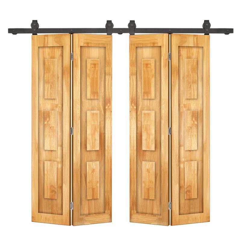 Calhome 3 Panel Shaker Pine Wood Double Bi-Fold Door with Sliding Barn Door Hardware Kit