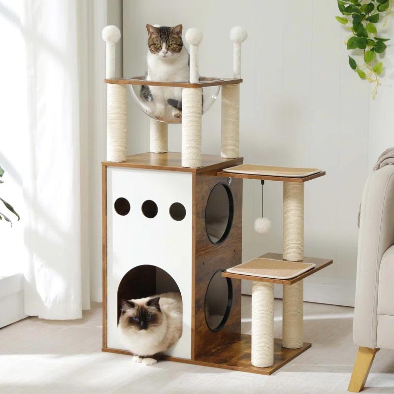 Ivy Bronx Modern Cat Tree Cat Tower With 2-Floor Condo, Scratching Posts, Capsule Nest & Dangling Balls