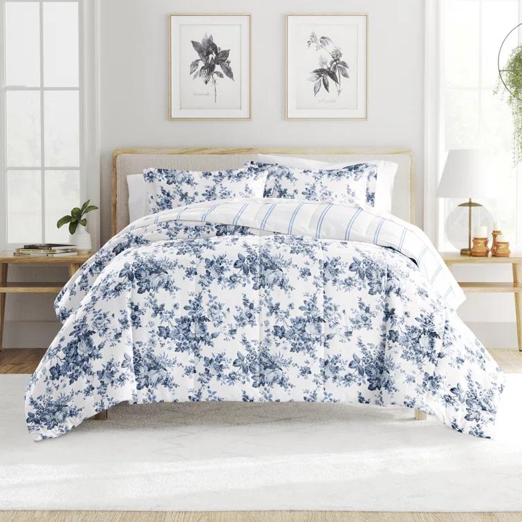 Becky Cameron Stone All Season Down-Alternative Comforter Set in Cabbage Rose Stripe & Reviews | Wayfair