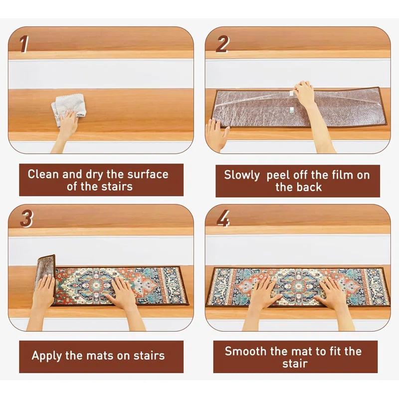 Bungalow Rose Stair Treads For Wooden Steps Indoor, 15 Pack 8" X 30" Non Slip Carpet Stair Treads With Reusable Adhesive For Kids Elders And Dogs, TPR Backing Stair Rugs Oriental Staircase Step Treads,Bohemia