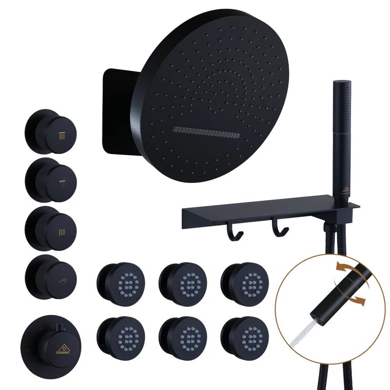 CASAINC KCHS0005-12MB Rainfall Thermostatic Shower System with Body Jets, 2-Sprays Shower Head and a Shelf