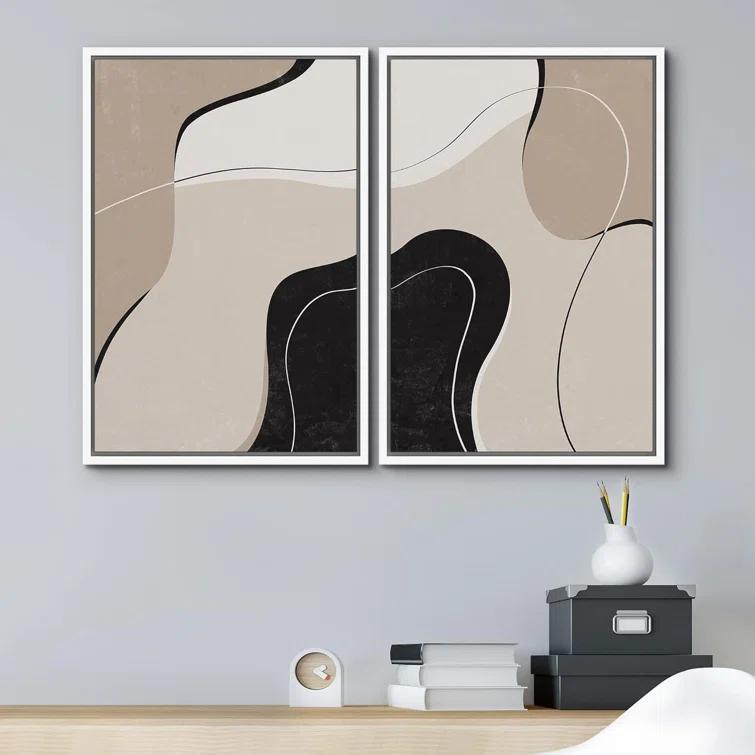 Mid Century Shape "Brown And Black Abstract Neutral Line Chic Framed Canvas Print 2 Pieces Wall Art
