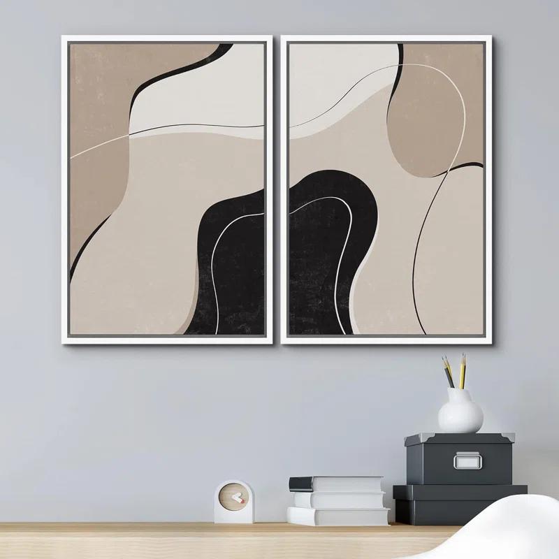 Mid Century Shape "Brown And Black Abstract Neutral Line Chic Framed Canvas Print 2 Pieces Wall Art