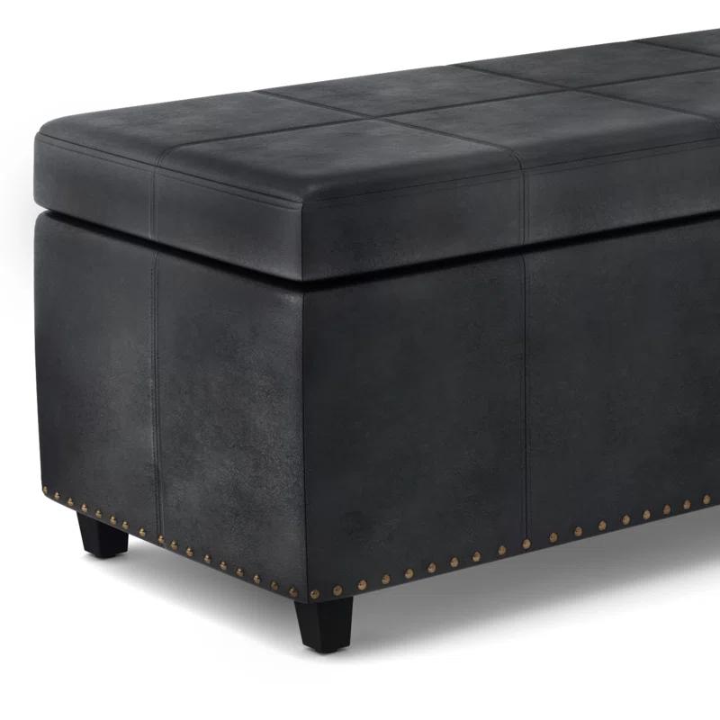 Simpli Home Kingsley 48"W Upholstered Storage Ottoman with Lift-Top Lid, Nailhead Trim, and Stitching Detail