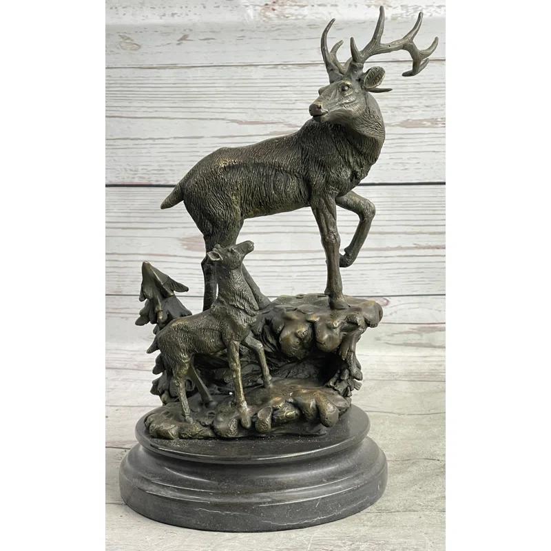 Loon Peak® Signed Original Male Stag with his Baby Fawn Bronze Sculpture Marble Base Statue