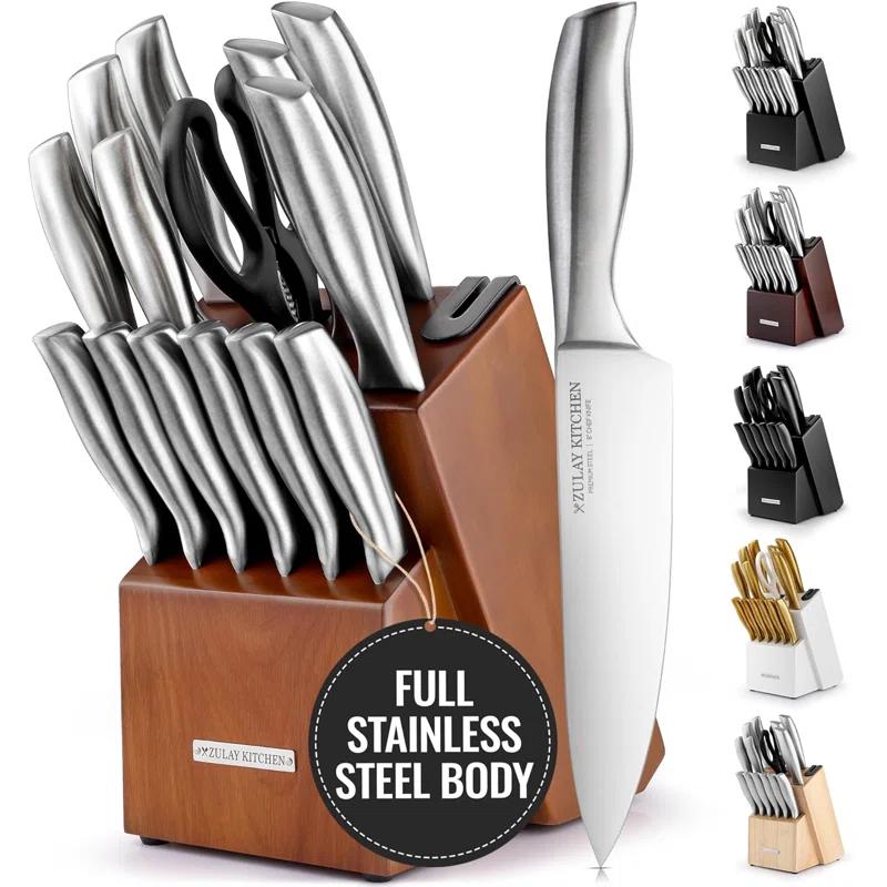 Zulay Kitchen Zulay Kitchen Premium 15-Piece Knife Set with Natural Wood Block and Built-in Sharpener