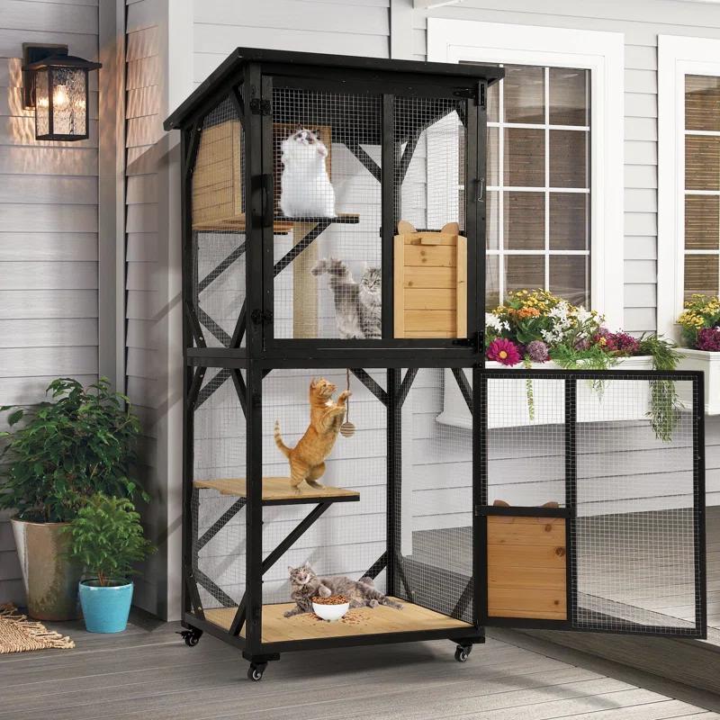 Tucker Murphy Pet™ Hallvard Outdoor Cat Enclosure with Scratcher - 4-Tier Large Indoor Wooden Window Catio Cat House W/Asphalt Waterproof Roof