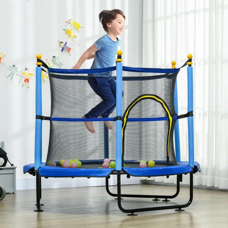 Qaba 4.6' Trampoline For Kids, 55 Inch Toddler Trampoline With Safety Enclosure & Ball Pit For Indoor Or Outdoor Use, Built For Kids 3-10 Years, Yellow