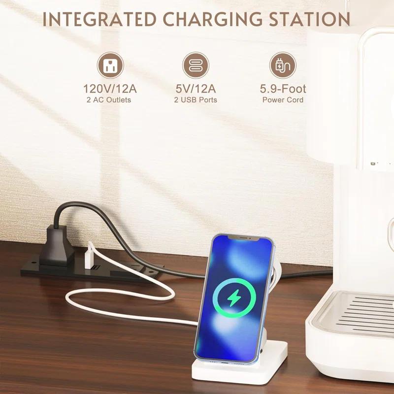 Gracie Oaks Coffee Bar Cabinet with Sliding Barn Door, Buffet Cabinet with Hutch, Kitchen Pantry Cabinet with Power Outlet & Lighting, Tall Liquor Chest for Home Dining Room, White