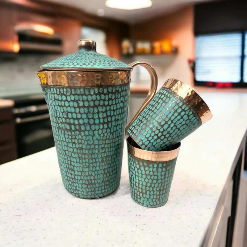 Ambiente Ambiente Mexican Copper Crafts 3 - Piece Pitcher Set - Pure Copper Tumbler - Copper Cups for Drinking.