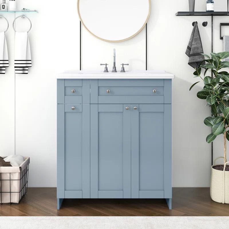 HLILish 30-Inch Bathroom Vanity With Ceramic Sink Combo, Abundant Storage Cabinet - 2 Soft Close Doors And Double-Tier Deep Drawer