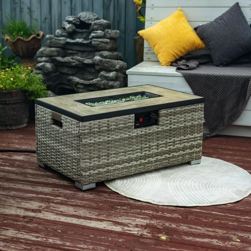 Rattan Fire Pit Table with Tank Holder and Ceramic Tile Tabletop