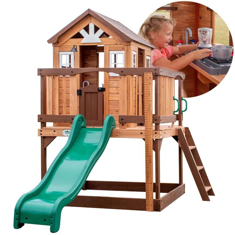 Backyard Discovery Echo Heights Cedar Wooden Elevated Kids Playhouse with Wave Slide, Play Kitchen, and Deck & Reviews | Wayfair