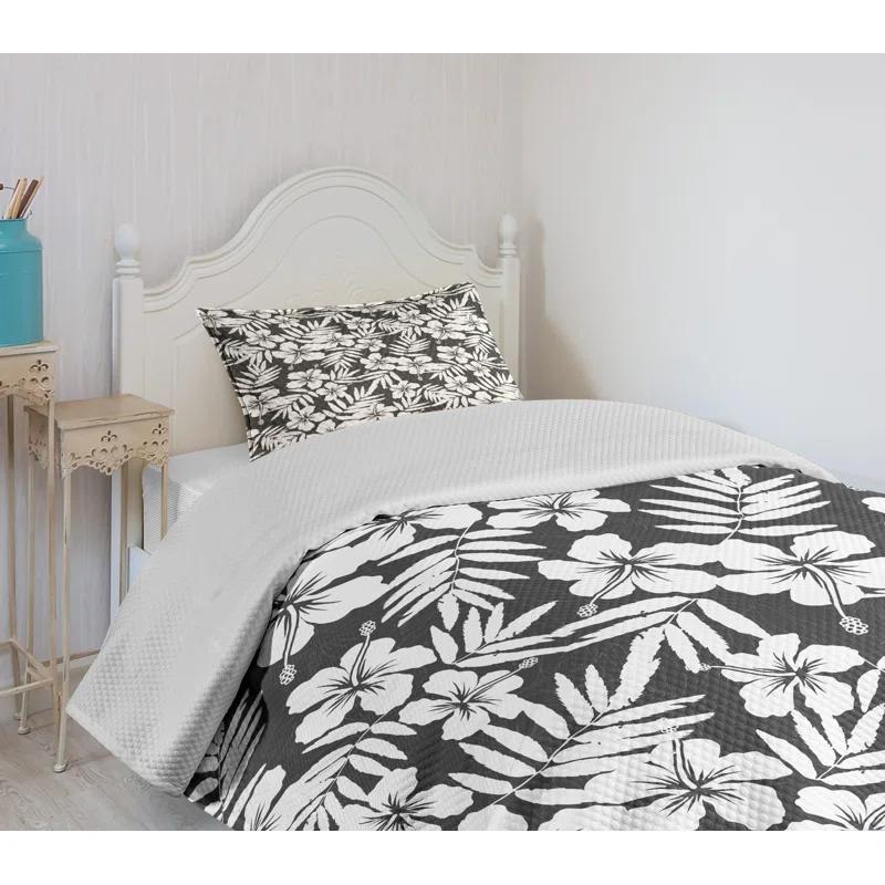 Ambesonne Ambesonne Tropical Bedspread Set Exotic Hibiscus Flower Grey and White