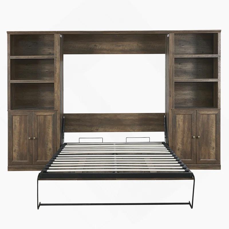 LOONGFIELD Full Size Half Self-Close And Open Murphy Bed With 2 Side Cabinet Storage Shelf, Cabinet Space-Saving Bed Perfect For Guest Room, Bed Room, Guest Room, Home Office