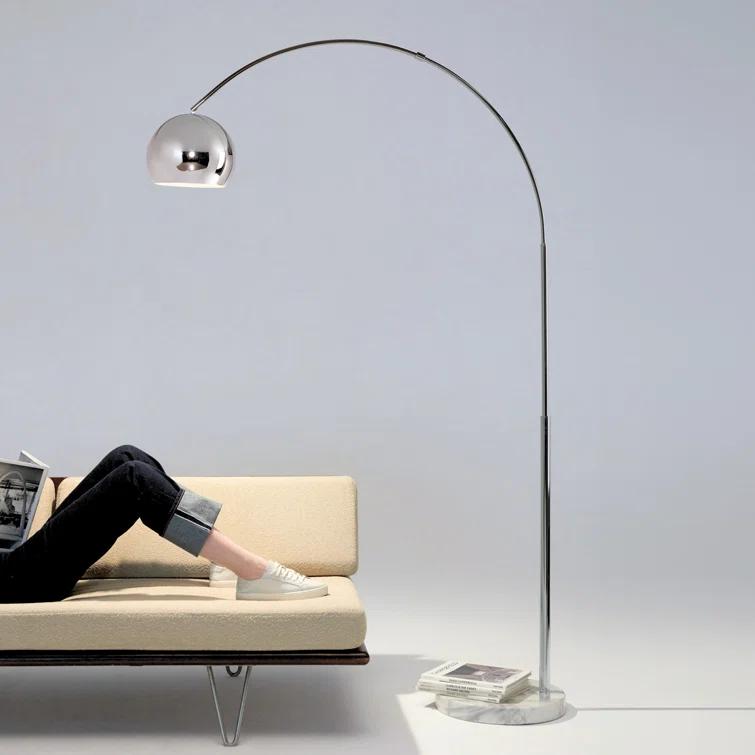 Brightech Olivia 75" Modern Industrial LED Arc Floor Lamp with Silver Chrome Finish, White Marble Base, and Metal Bowl Shade, Bulb Included