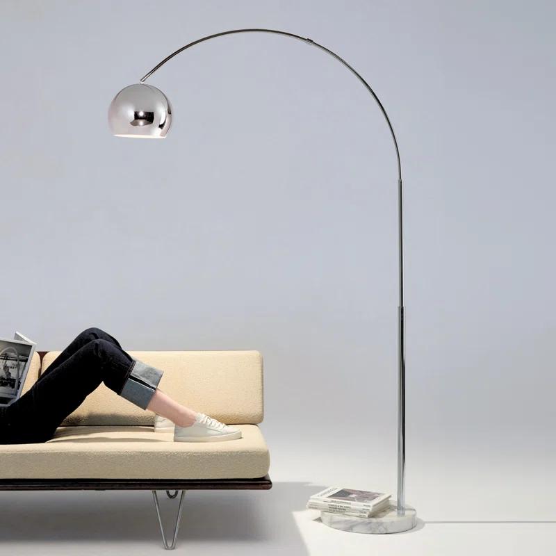 Brightech Olivia 75" Modern Industrial LED Arc Floor Lamp with Silver Chrome Finish, White Marble Base, and Metal Bowl Shade, Bulb Included