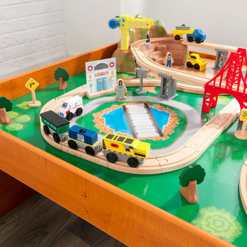 KidKraft Ride Around Town Wooden Train Set And Table With Storage Bins And 100 Pieces, Honey