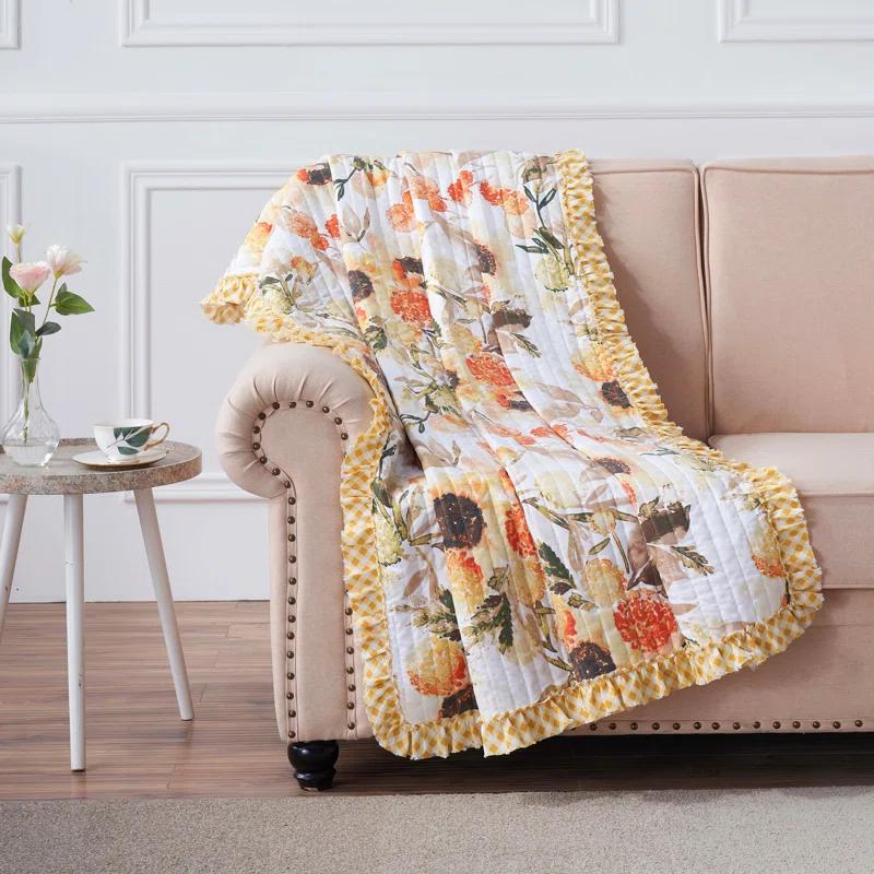 Greenland Home Fashions Somerset Sunflower Reversible Quilted Throw with Gingham Ruffles