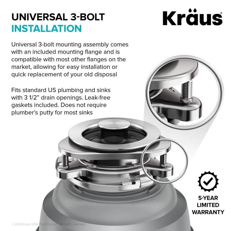 Kraus KRAUS Wasteguard High-Speed 3/4 HP Continuous Feed Ultra-Quiet Motor Garbage Disposal With Power Cord And Flange Included And Universal Mount, KWD210-75MGR