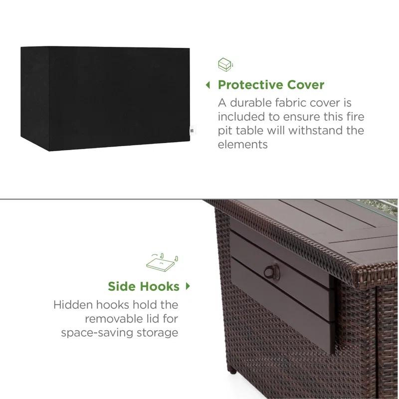 Wicker Propane Fire Pit Table, 50,000 BTU W/ Glass Wind Guard, Cover - 52In