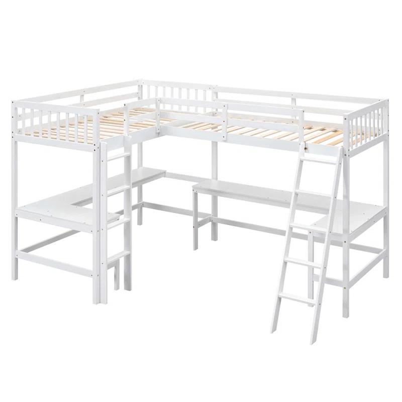 Blendoi Brooke Wood Twin Size L-Shaped Loft Bed with Ladder and 2 Built-in L-Shaped Desks, White