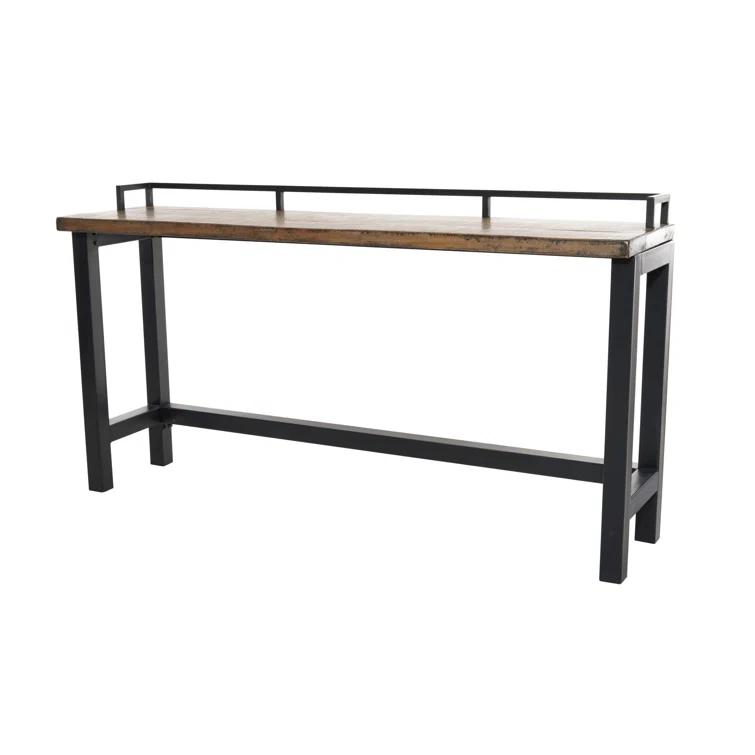 Benjara Fyan Counter Table W Rails, Black Iron Base, 71 Inch Rectangular Top
