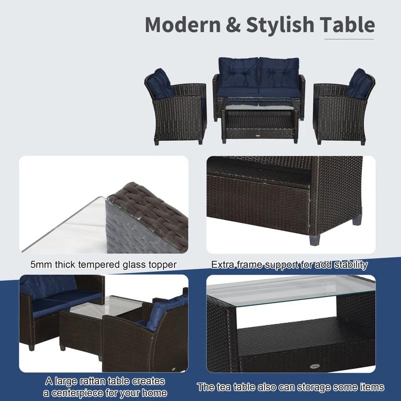 Outsunny 4-Piece Patio Furniture Set, Rattan Wicker Chair W/ Table, Outdoor Conversation Set With Cushion For Backyard, Porch, Or Garden, Blue