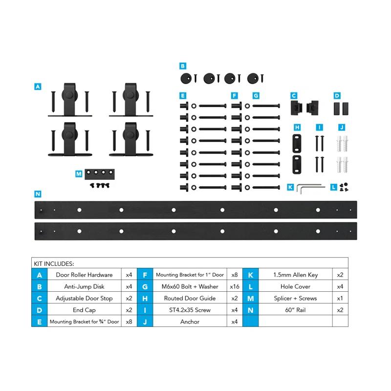 American Pro Decor 8 ft Solid Steel Mini Sliding Rolling Barn Door Hardware Kit for Double Wood Doors (2-Piece)