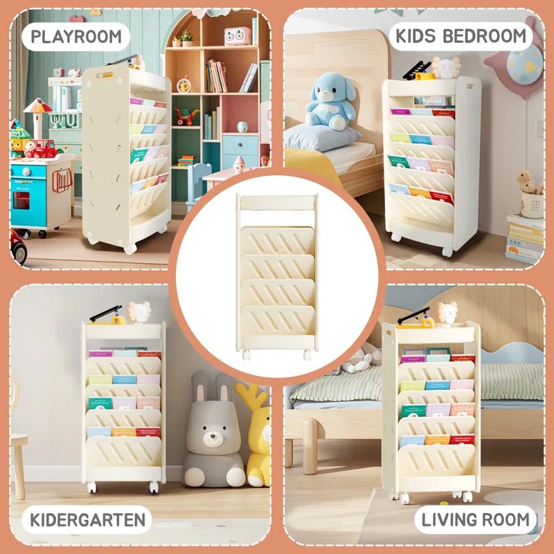 hoopyosms 6-Tier Double-Sided Kids Bookshelf With Wheels, Slanted Shelves & HDPE Material - Beige, Mobile Book Storage For Bedroom Or Playroom