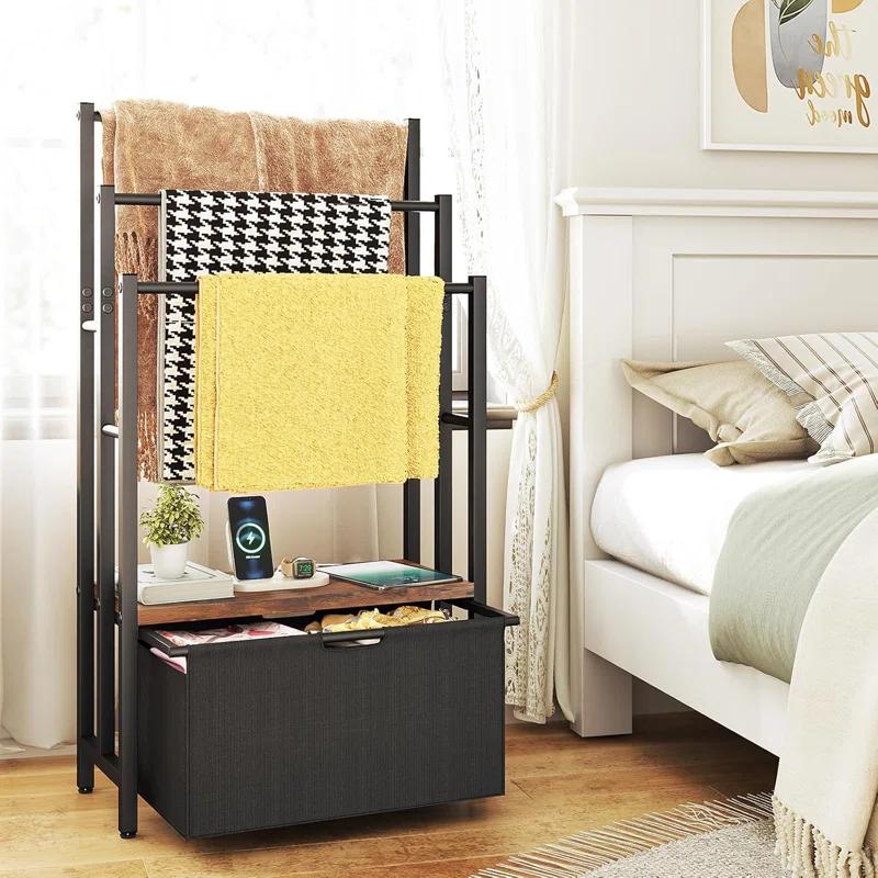 Freestanding Towel Rack With Drawers, SDXYSTCE 3 Tiers Standing Blanket Racks For Bedroom, 23.6" L X 11.8" W X 43.3" H, Blanket Holder With Shelf, Upgrade Steady Design,
