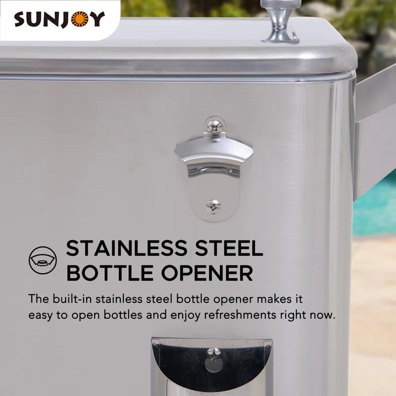 Sunjoy Sunjoy 80 Quart Patio Cooler Cart Stainless Steel Rolling Ice Chest With Steel Bottle Opener, Shelf And Lockable Wheels